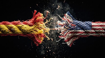 Tension and rupture between two nations represented by a fraying rope with Spanish and American flag textures
