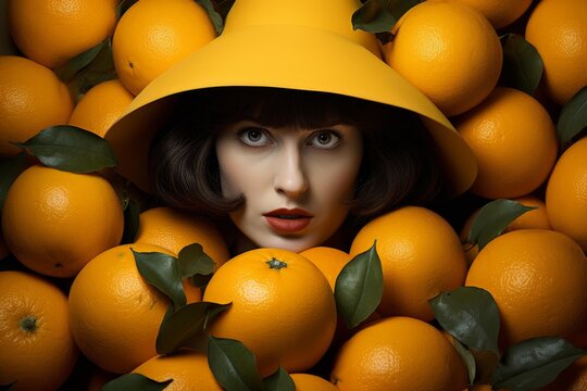 Woman wearing a vibrantly colored yellow hat emerges from a pile of citrus oranges
