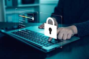 Digital cybersecurity interface displaying password protection and authentication system on laptop, representing data security, privacy protection and enterprise network defense technology.