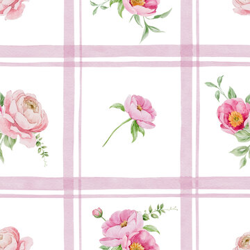 Watercolor floral vintage checkered pink seamless pattern