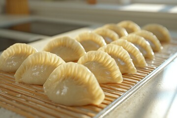 selective focus culinary scene showing dumplings lined up in order on bamboo mat