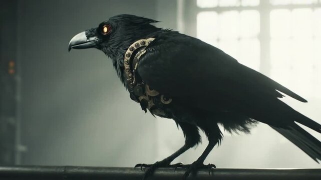 Mysterious Steampunk Crow with Glowing Eyes and Mechanical Gears