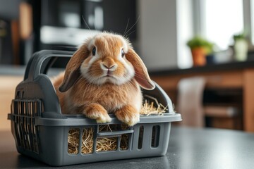 selective focus rabbit-sized carrier on counter with straw bedding and food bowl
