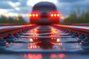 selective focus close-up of railroad crossing barrier with red warning lights activated