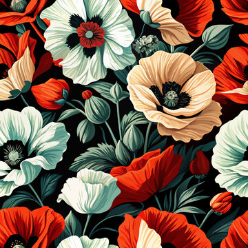 Elegant Seamless Poppy Floral Pattern on Black Background for Luxury Branding Sophisticated Textile Design Professional Product Packaging and Botanical Home Decor Backgrounds
