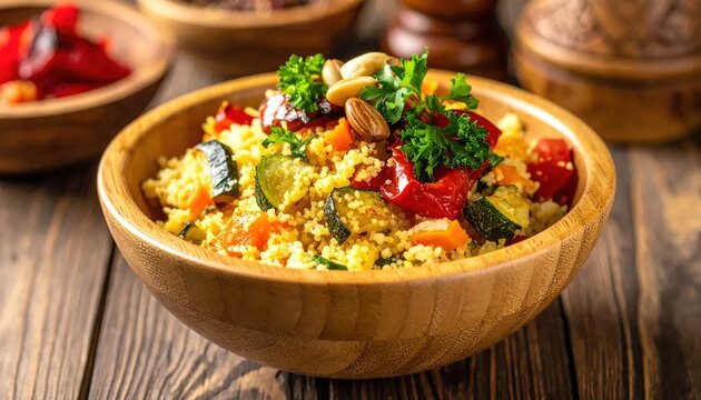 Close-up of couscous salad in a wooden bowl with vegetables and nuts on a wooden table