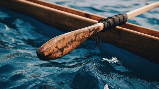 A traditional Polynesian canoe with legs, floating on calm blue waters. Museum Guide, designed specifically for cultural heritage projects and event programs.