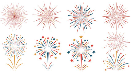 Collection of colorful firework bursts in various styles and shapes, ideal for celebrating national holidays and festive events with joy.