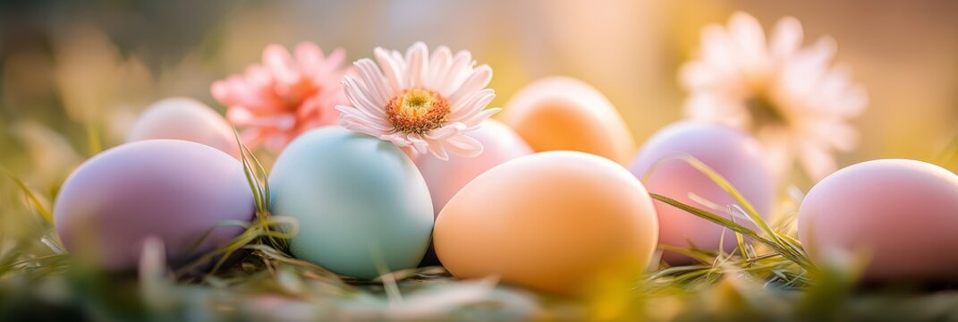 Colorful Easter eggs hiding in fresh spring grass. Easter background. Pastel eggs nestled among flowers and green grass with warm morning light