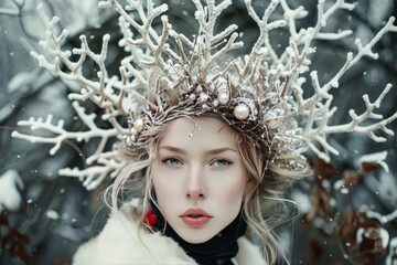 Naklejka premium Beautiful blonde model wearing a white crown made of ice posing in a snowy forest during winter