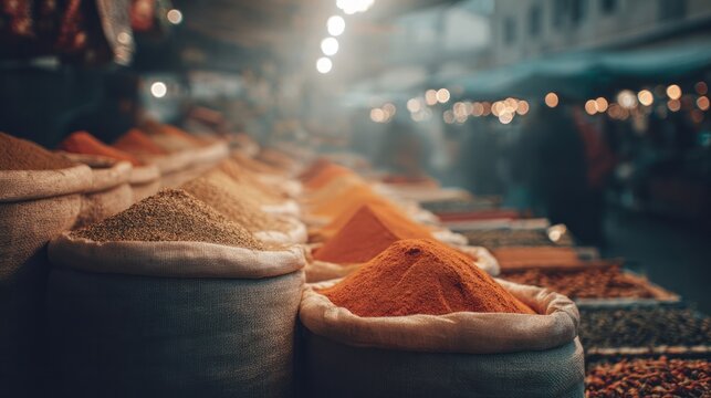 Spice stall in a market with sacks of colorful spices. menu design, packaging mockups, designed for culinary blogs and recipe cards for restaurants, inspires cooking.