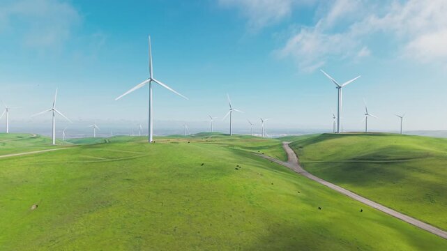 Overhead aerial footage of wind turbines spinning at Altamont Pass Wind Farm, CA. Fits renewable energy, climate, and California infrastructure content.