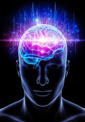Obraz premium 3D illustration of a human head with a glowing, digital brain showcasing neural networks and futuristic tech elements.