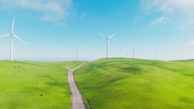 Overhead drone footage of wind turbines at Altamont Pass Wind Farm, Dublin, California. Fits clean energy, climate change, environmental, and technology media use.