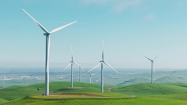Drone close up view over wind turbines at the Altamont Pass Wind Farm near Dublin, California. Applicable to clean energy, environmental, and industrial aerial projects.
