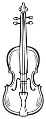 Ornate outline drawing of a classical stringed violin instrument with four tuning pegs