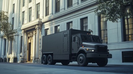 A large black truck parked on a street in front of a classic stone building under sunlight