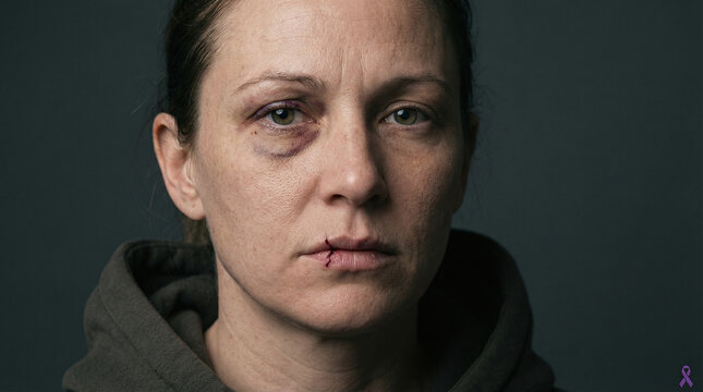 A woman with bruises and a cut on her lip stares directly at the camera. 