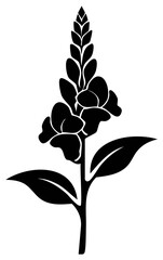 Obraz premium Black silhouette snapdragon flower with leaves on white background, botanical element.