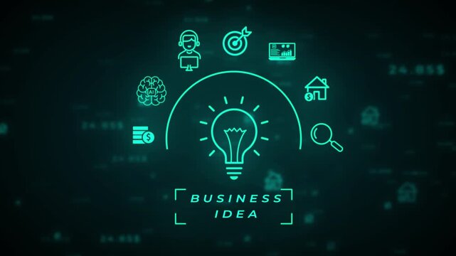 Cyan digital interface showcasing a luminous light bulb at its core encircled by representing AI brain finance customer support and a target signifying business objectives and growth on a dark