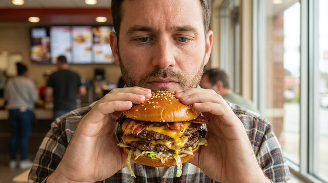 A young Caucasian man with brown hair holds a large hamburger in a fast-food restaurant. He appears focused on the meal, reflecting on overeating.