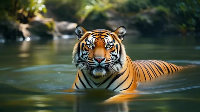 Majestic tiger swimming in a serene river with lush greenery in the background, reflecting on the water's surface