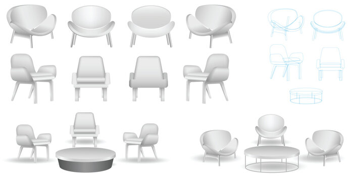 Collection of modern lounge armchairs and round coffee tables shown from multiple angles and perspectives. Minimal contemporary furniture set commonly used in living rooms, hotel lobbies, offices,  