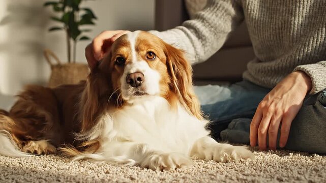 A person pets a Cavalier King Charles Spaniel on a carpet