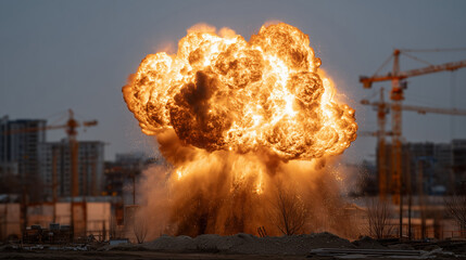 Fiery Explosion: A massive, fiery explosion erupts in the sky, showcasing the raw power of combustion with billowing flames against the backdrop of an urban landscape. 