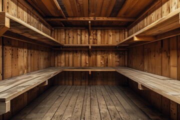 Interior of an empty wooden pantry room featuring shelves and rustic plank walls, creating a cozy and traditional storage space