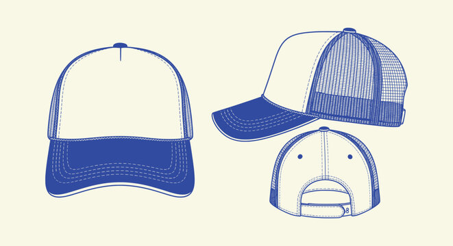 Blank Trucker Hat Template Front Side Back Views Vector Apparel Mockup Design
