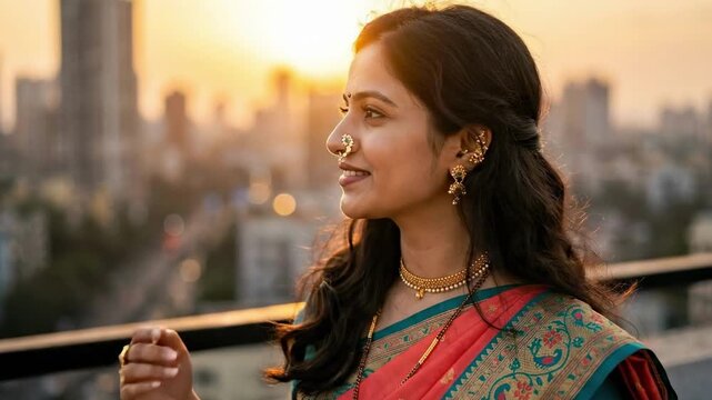 maharashtra clothes. A woman in traditional attire smiles gracefully against a sunset backdrop, showcasing intricate jewelry and a vibrant sari as city buildings loom in the distance