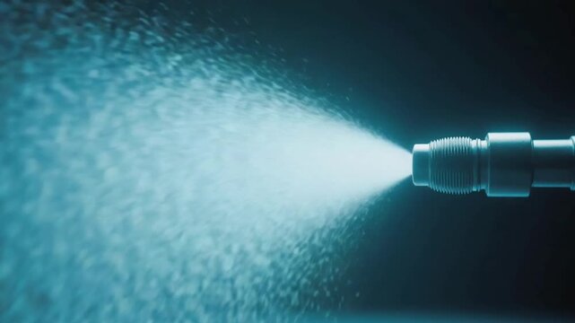 Powerful blue liquid spray from industrial nozzle in dark environment