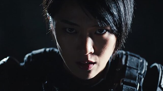 Closeup Shot Showing Determined Soldier With Tactical Equipment And Alert Expression. Cinematic Portrayal Of Asian Tactical Operator Prepared For Reconnaissance With Intense Stare And Subtle Lighting