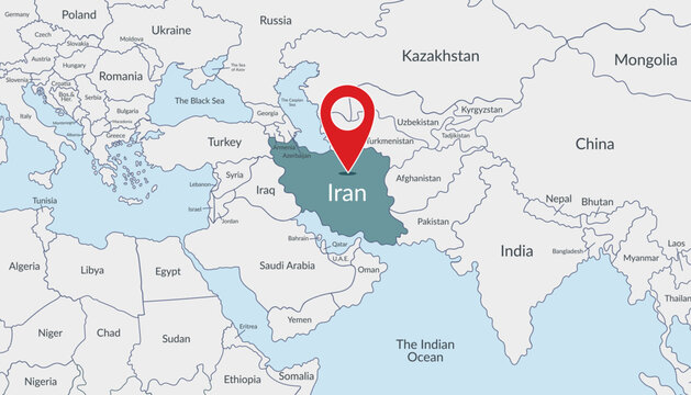 Iran location on the world map with pin location marker2. Vector flat template.