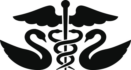 Black and white medical caduceus vector silhouette with two swans and winged staff for healthcare professional symbols pharmacy and medicine clinic identity designs © MDASIKUL