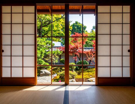 Interior view of traditional Japanese home, tatami flooring, wooden frame, paper screens, looking out to garden with vibrant foliage