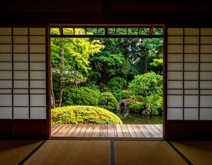 Interior view of traditional Japanese room looking out onto a lush green garden with a pond