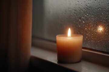 A cozy candle burning brightly on a windowsill next to a rain-streaked window, casting a warm and inviting glow in the dimly lit room with soft lighting.