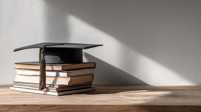 Academic Graduation Cap on Stack of Books on Desk, Eucation and Achievement Cocept