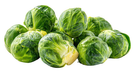 Fototapeta premium Fresh Brussels sprouts cluster isolated on transparent background, green organic cabbage vegetable, high resolution healthy food cutout for cooking design