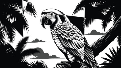 Black and white illustration of a tropical macaw parrot perched in a jungle with palm trees and clouds in a detailed woodcut style. © MDASIKUL