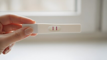 Woman holding a positive pregnancy test strip with two lines. Reproductive health and family planning concept for expecting parents.