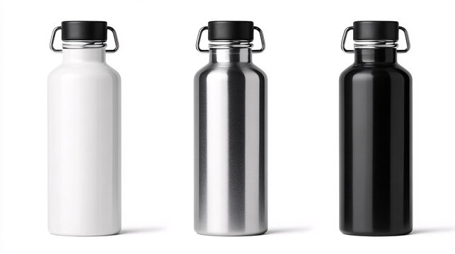 Three Stainless Steel Water Bottles in White Silver and Black on White Background