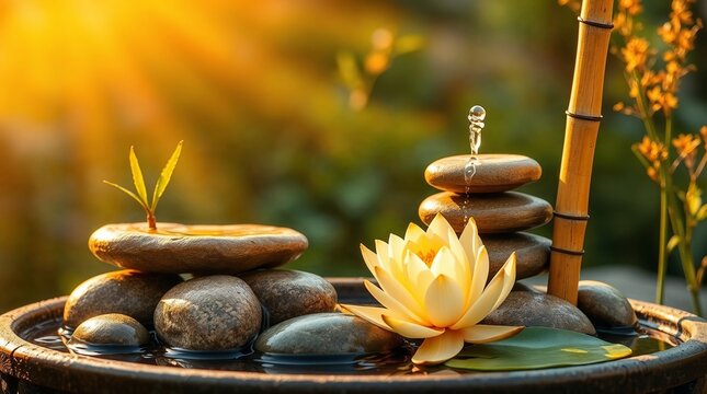 Golden sunlight bathes a tranquil Zen display featuring balanced river stones, a vibrant yellow lotus, and a fresh bamboo sprout, symbolizing peace, growth, and natural harmony