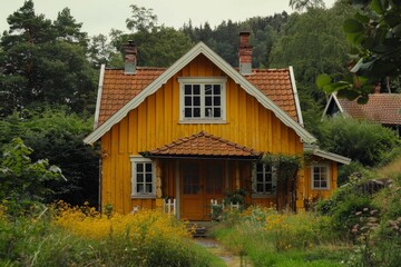 Obraz premium Yellow wooden cottage surrounded by wildflowers and lush greenery in peaceful countryside
