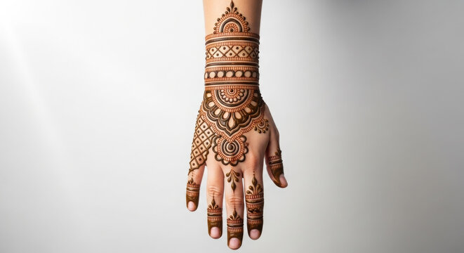 Intricate henna design adorns the back of a hand with detailed patterns