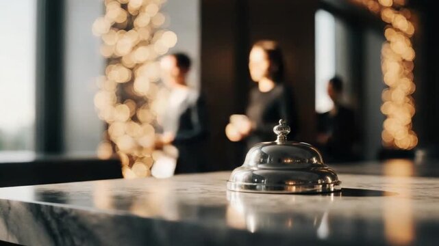 Service Bell on Hotel Reception Desk with Bokeh Lights and People
