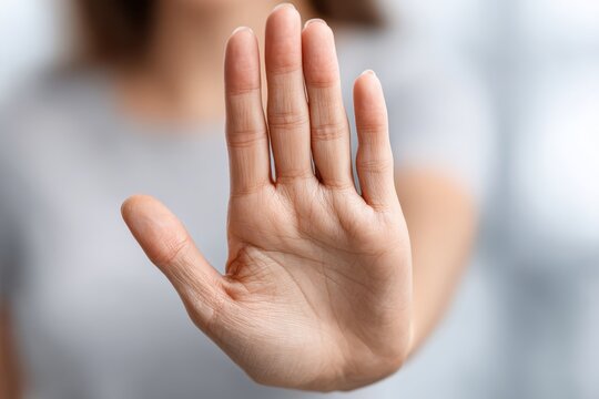 A female hand with a fair complexion raised in a gesture of stop, rejection, a signal to pause or halt, against a softly blurred light background.