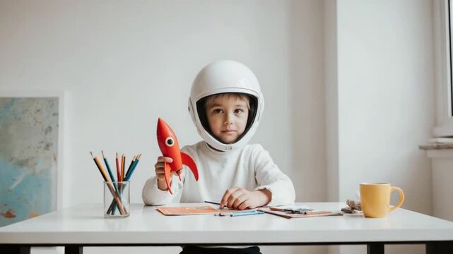 boy in astronaut helmet holds toy rocket dreaming of space